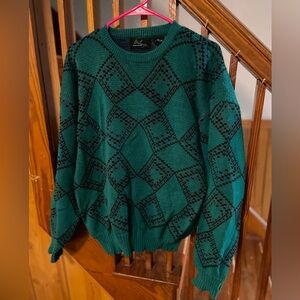 Melange Blue Green Crew Neck Sweater with Geometric Pattern Men’s L Acrylic